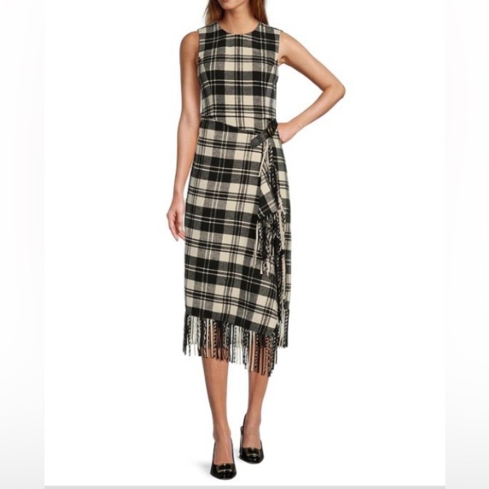 ANTONIO MELANI Tula Plaid Print Wrap Front Fringe Hem Midi Dress SZ 4 NWT